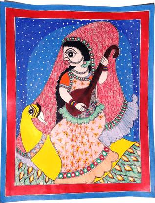 MiniArt MITHILA Painting/MADHUBANI Painting of DEVI SARASWATI-Fully Handmade-UNFRAMED Canvas 14 inch x 11 inch Painting