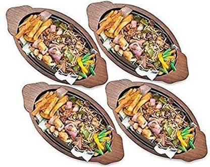 Bawarchi cast iron sizzler blate with double handle wooden base combo set of 4 Sizzler Tray