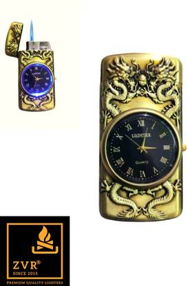 ZVR Stylish Design Real Clock Watch Torch Jet Lighter Blue Flame LED Cool Lighting Refillable Butane Gas Dial Plate Mens Gift Metal Cigarette Pocket Lighter Pocket Lighter