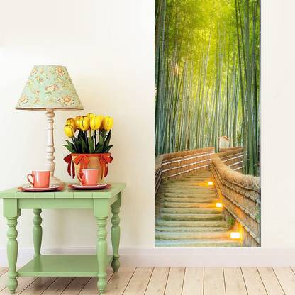 CVANU 91 cm Door Sticker Bamboo Trees & Bridge Pathway for Decor Your Home Door_C14 Self Adhesive Sticker