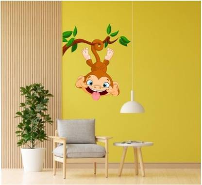 WALL GURU 58 cm monkey with tree wall stiker Self Adhesive Sticker
