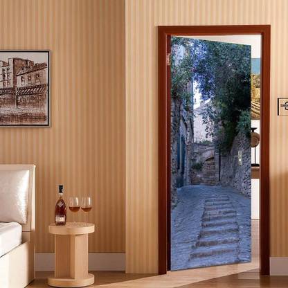 KREEPO 90 cm Door Sticker-Wallpaper Stone Pathway Old Town for Decor Your Home Door _K21 Self Adhesive Sticker