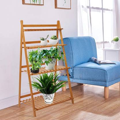 Naayaab Craft Bamboo Ladder Plant Stand | 4-Tier Foldable Organizer Plant Display Shelf Rack | Plant Container Set