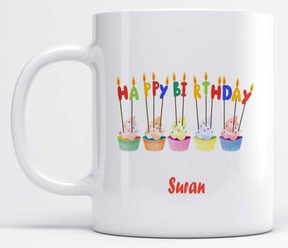 LOROFY Name Suran Printed Happy Birthday Candle Design Ceramic Coffee Mug