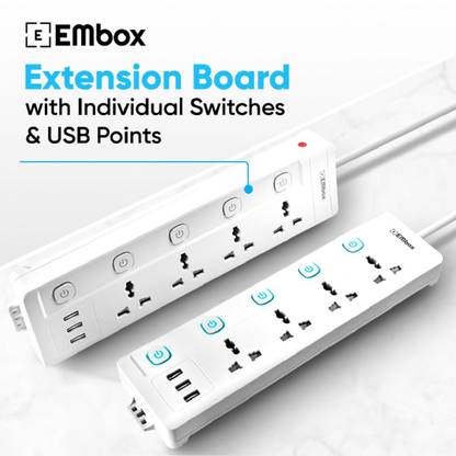 EMBox Extension Boards with USB Port - 4 Universal Sockets and 3 USB (2.4 A) Charging Ports with Indicator and Overload Protector, 1.8 mtr Extension Cord with USB, Individual Switch, Safety Shutter_| 4  Socket Extension Boards