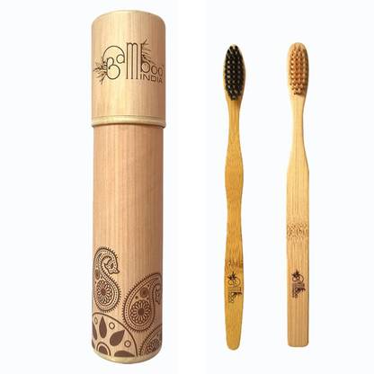 Bamboo India Bamboo Toothbrush With Activated Soft Charcoal Bristles & Soft Natural Bristles Soft Toothbrush