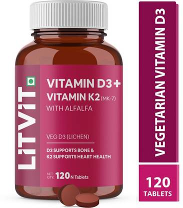 LITVIT Vitamin D3 K2 Tablets (Plant Based) with Veg Vitamin D 600 IU & Vitamin K2 MK7