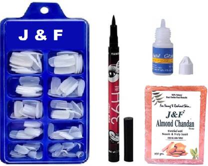 Hudabird Artificial Gold Finger Fake Nails With Glue ,36 Hours Eyeliner & Chandan Soap