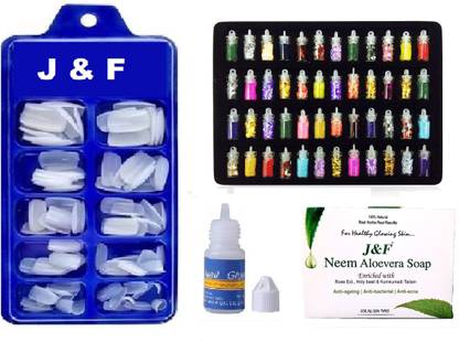 Hudabird Arylic fake nails With Glue & 48 Pc Nail Glitter And Natural Neem Soap