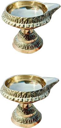 Craft World Deepak Diya With Stand Oil Lamp For Puja Diwali Dipa( H-1.5 inch Pack of 2). Brass Table Diya Set