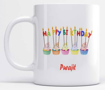 LOROFY Name Purajit Printed Happy Birthday Candle Design Ceramic Coffee Mug