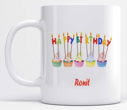LOROFY Name Ronit Printed Happy Birthday Candle Design Ceramic Coffee Mug