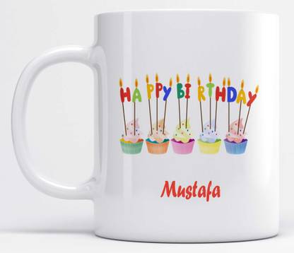 LOROFY Name Mustafa Printed Happy Birthday Candle Design Ceramic Coffee Mug