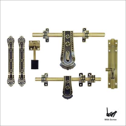 Shri R K Door Kit Set Handle Door Kit Door Fittings Kit, Antique Brass Finish (1 Aldrop, 1 Latch, 2 Handles, 1 Tower Bolt and 1 Door Stopper, Screws) Zinc Door Handle