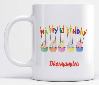 LOROFY Name Dharmamitra Printed Happy Birthday Candle Design Ceramic Coffee Mug