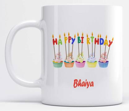 LOROFY Name Bhaiya Printed Happy Birthday Candle Design Ceramic Coffee Mug