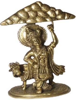 SUPRAS Brass Shri Krishna with cow lifting Govardhan Parvat Statue Decorative Showpiece  -  26.16 cm
