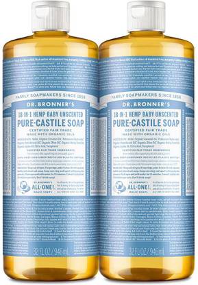 Dr. Bronner’s Pure-Castile Liquid Soap (Baby Unscented, 32 Fl Oz (Pack of 2)