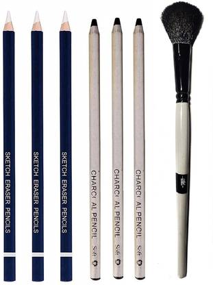 Definite 3Pcs Soft Dark Charcoal Pencil + 3Pcs Eraser Pencil + Super Soft Blending Brush
