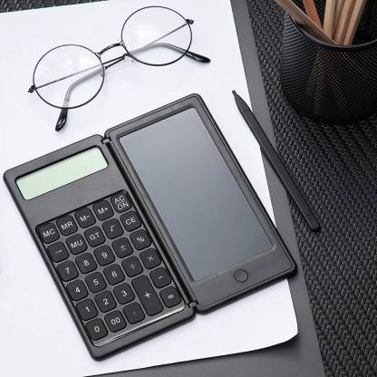 Inllex 12-Digit Desk Calculator with Erasable Writing Board, Writing Notepad Tablet Foldable LCD Writer and 12 Digit Calculator with LCD Writing Tablet Note Pad Basic  Calculator