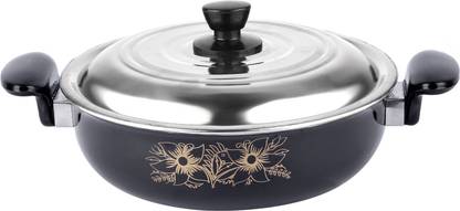 BlackFantrow Cast Iron Ceramic Hard Anodized Induction Friendly Non Stick Kadai with Lid Wok with Lid 2 L capacity 15 cm diameter