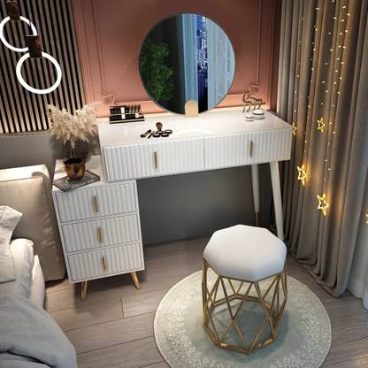 NG Decor White Wood Makeup Vanity Dressing Table with Storage 5 Drawers & Mirror & Stool Metal Dressing Table