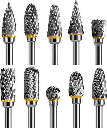 uptodatetools Carbide Rotary Burr Set 10pcs, Carving Burr Bits 3mm Shank 6mm Bit for Wood & Stone Carving, Steel Metal Working