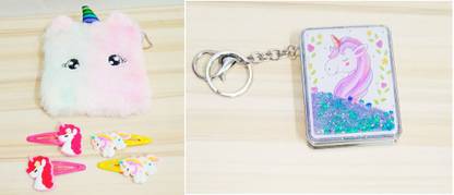 Magic of Gifts Double Sided Unicorn Glitter Mirror Keychain with Coin Pouch & Tictac Pins Girls Key Chain
