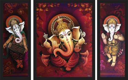 IVOKE Beautiful Decorative Ganesh Ji Art Painting With Framed (Set of- 3) Digital Reprint 12 inch x 18 inch Painting