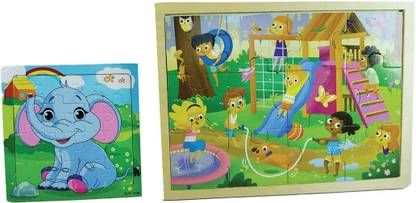 Al Murg Wooden Jigsaw Puzzle Combo-12 piece Play Ground & 16 Piece Elephant puzzle 2 in1
