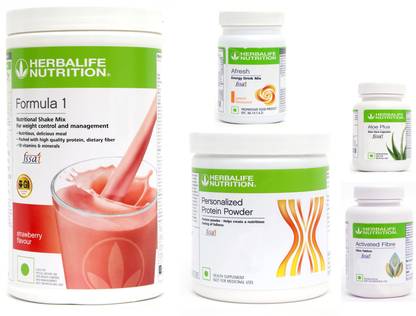 Herbalife Nutrition FORMULA-1SHAK STRAWBERRY+PROTEINPOWDER+AFRESH-PEACH+ ACTIVATED FIBER+ALOE PLUS Nutrition Drink