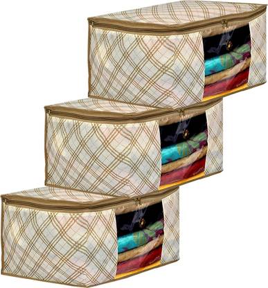 KUBER INDUSTRIES Saree Cover Tartan Print Non-woven Saree Cover With Clear Window Pack of 3 (Beige) 44KM0369