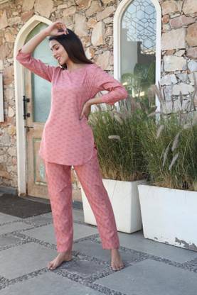 Women Printed Pink Night Suit Set