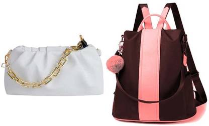 White, Brown Sling Bag HB-44-wht-smpl-chain-runched-sdr+brwn-cntrst-ptti-pithu-cmbo