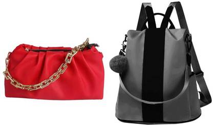 Red, Grey Sling Bag HB-44-red-smpl-chain-runched-sdr+gry-cntrst-ptti-pithu-cmbo