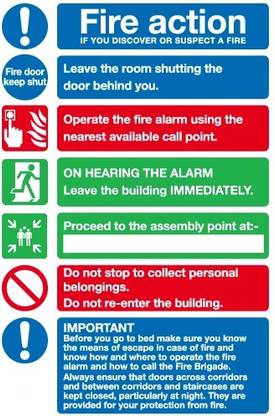 RLDigitalUnits Hotel Guest House fire action sign Board Emergency Sign