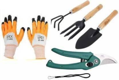 Green India Garden tool set cultivator,fork,trowel with flower cutter,reusable orange gloves Garden Tool Kit