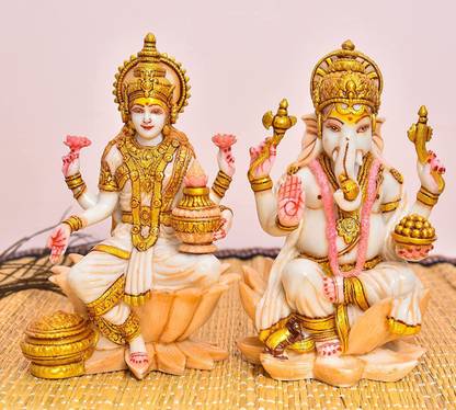 Ishu handi artistic Lakshmi Ganesh Idol for Home Puja ( Yellow ) I Laxmi ji murti I Ganesh ji Murti Decorative Showpiece  -  20 cm
