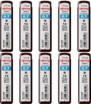 rotring Tikky | 0.7mm | B | Hi-Polymer Leads for Mechanical Pencils | Pack of 10 | Each Pack Contains 12 Leads Lead Pointer
