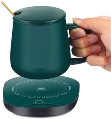 Medigo Electric Smart Warmer Heater With Spoon And Lid For Coffee, Milk, Tea, Ceramic Coffee Mug