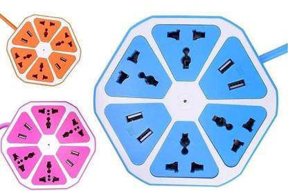Navya Enterprise 1.3 M Cable Adapter Switched Socket Hexagon EU Plug 4 Sockets + 4 USB Ports 4  Socket Extension Boards