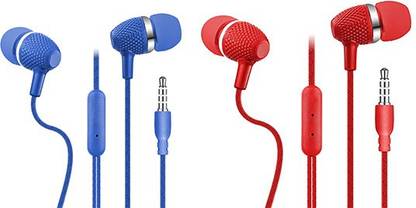 Gennie Premium Unbreakable Wired Earphones For Pack Of Two(Blue and Red) Wired