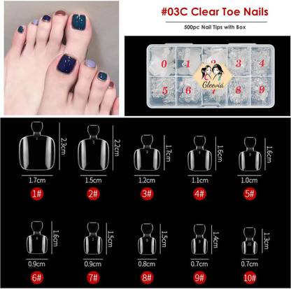 Gleevia Artificial Unbreakable Clear Toe Nail Tips Finger Nail Extension 500pc/Box Clear