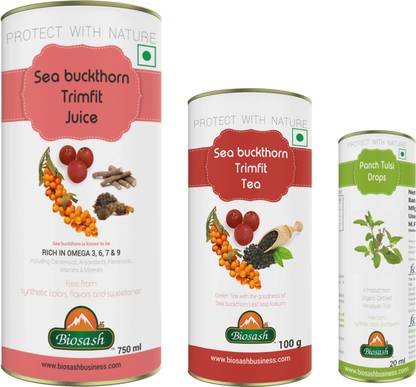 BIOSASH Sea buckthorn ( Trimfit Juice + Trimfit Tea + Panch Tulsi Drops) Combo