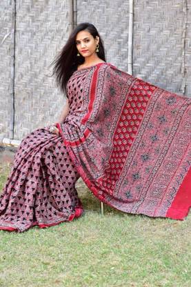 Ajrakh print hand block 1 Cotton Blend Saree Falls