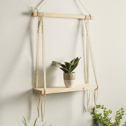 Decazone Macrame Wall Hanging Shelf With Wooden Dowel
