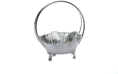 MeLANgE Silver Plated Serving Bowl Silver Basket with Handle, Size-Medium