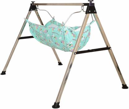 Chipkart Baby Boy's and Girl's Portable Folding Swing Baby Cradle Ghodiyu Palna with Hammock Having Mosquito Net, Square, Steel (Pack of 1) (Black, Silver)