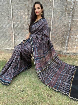 Ajrakh print hand block 2 Cotton Blend Saree Falls