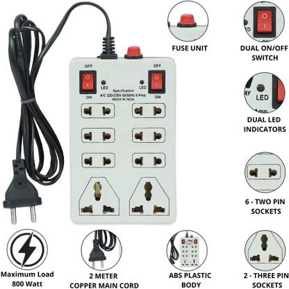 DIGWAY 8 Socket 1 Switch Mini Extension Cord Surge Protector-2.0 Meter Cord Length 8 Socket Extension Boards